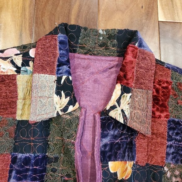 Vintage 90s XL Patchwork Velvet Jacket Reversible Floral‎ Whimsigoth Burgandy - Picture 4 of 14
